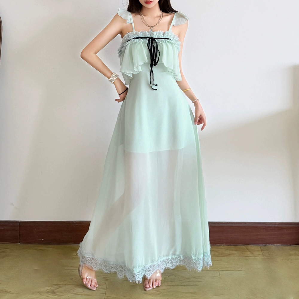 Zara Summer Off Shoulder Drawstring Tie Mesh Ruffle Spaghetti Strap Dress